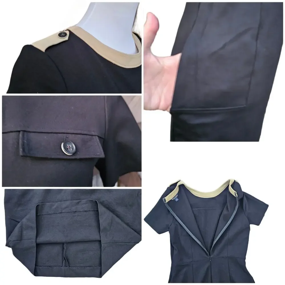 Black Knit Dress Tan Contrast Trim Epaulet Brooks Brothers Size 2 Stretch Pocket - Picture 5 of 9